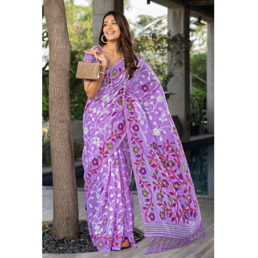 Amfyn Women's Cotton Printed Saree With Unstitched Blouse (Lavender, 5-6 Mtrs)
