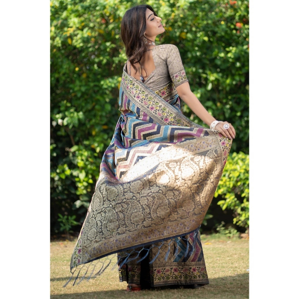 Amfyn Women's Organza Printed Saree With Unstitched Blouse (Teal, 5-6 Mtrs)