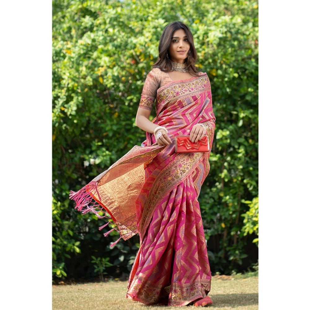 Amfyn Women's Organza Printed Saree With Unstitched Blouse (Pink, 5-6 Mtrs)