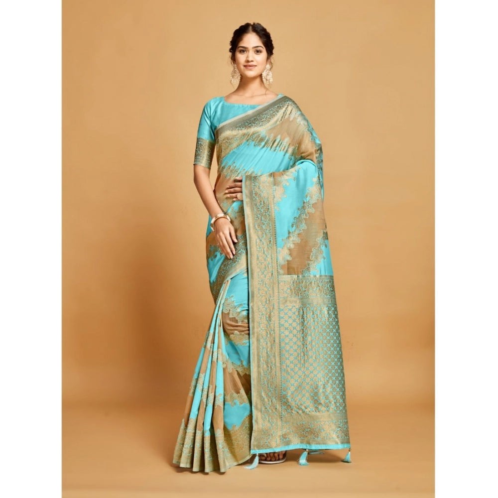 Amfyn Women's Linen Printed Saree With Unstitched Blouse (Sky Blue, 5-6 Mtrs)
