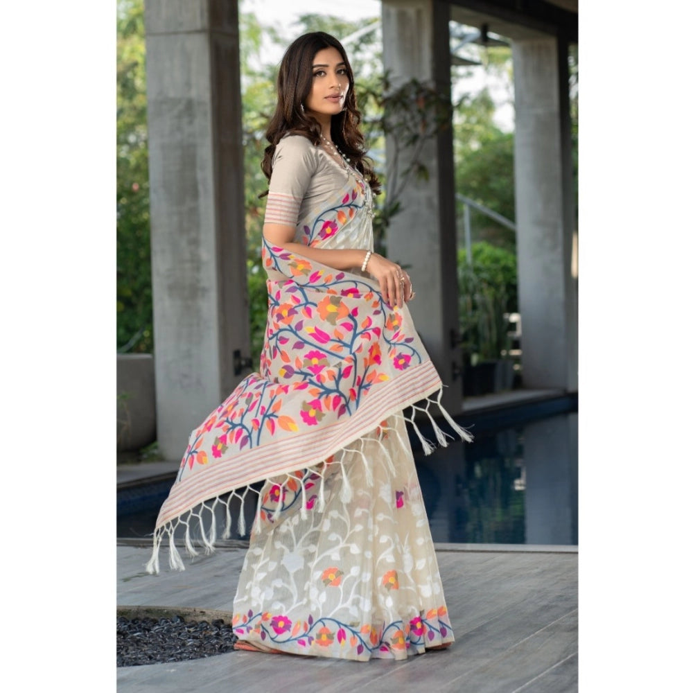 Amfyn Women's Cotton Printed Saree With Unstitched Blouse (Off-White, 5-6 Mtrs)