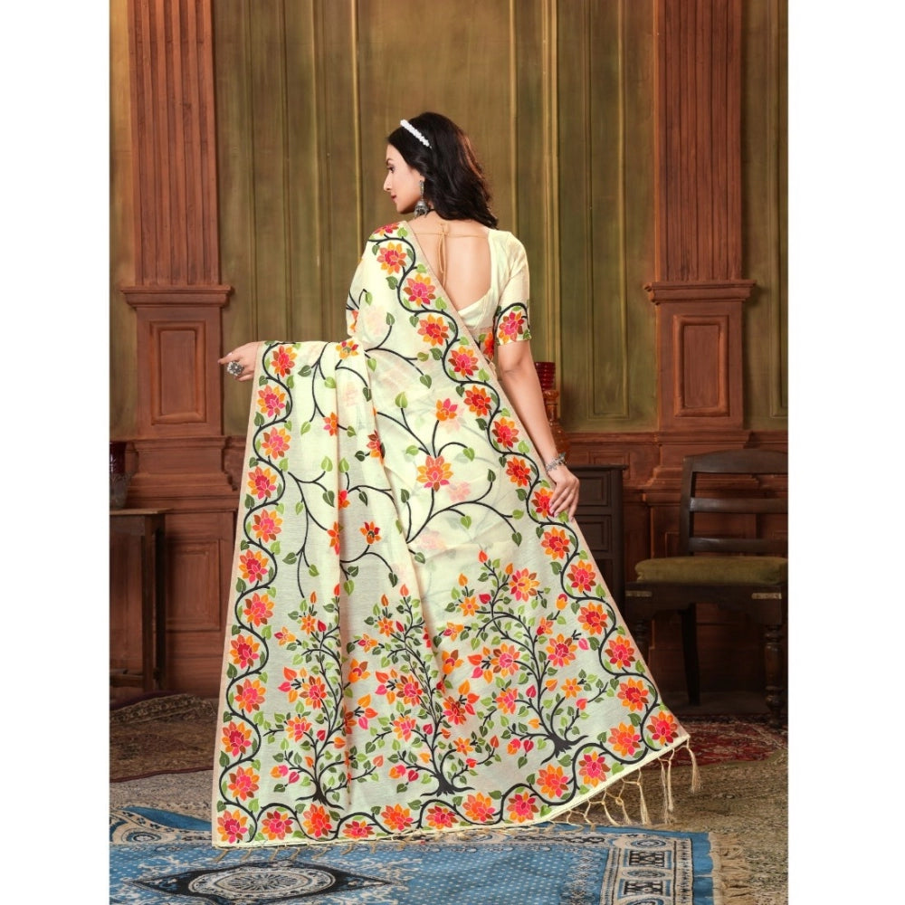 Amfyn Women's Organza Printed Saree With Unstitched Blouse (White, 5-6 Mtrs)