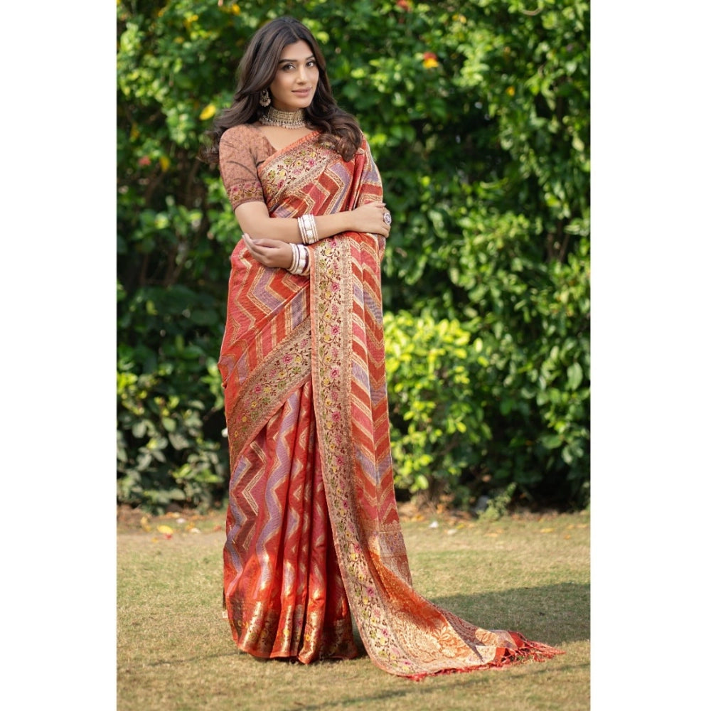 Amfyn Women's Organza Printed Saree With Unstitched Blouse (Orange, 5-6 Mtrs)
