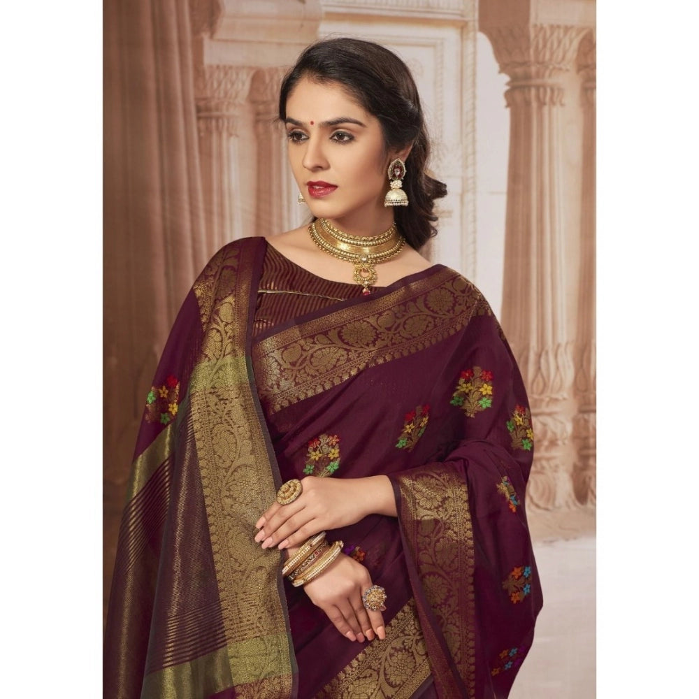 Amfyn Women's Chanderi Cotton Printed Saree With Unstitched Blouse (Maroon, 5-6 Mtrs)