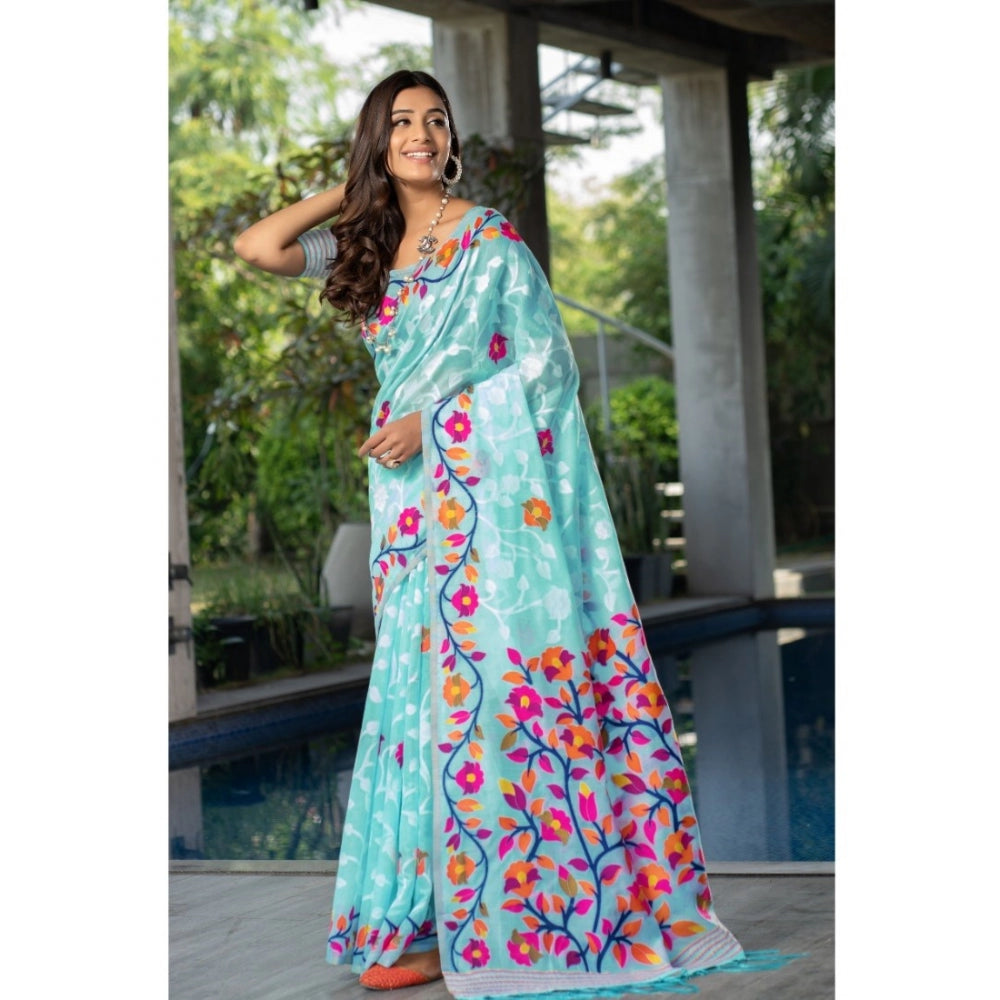 Amfyn Women's Cotton Printed Saree With Unstitched Blouse (Sky Blue, 5-6 Mtrs)