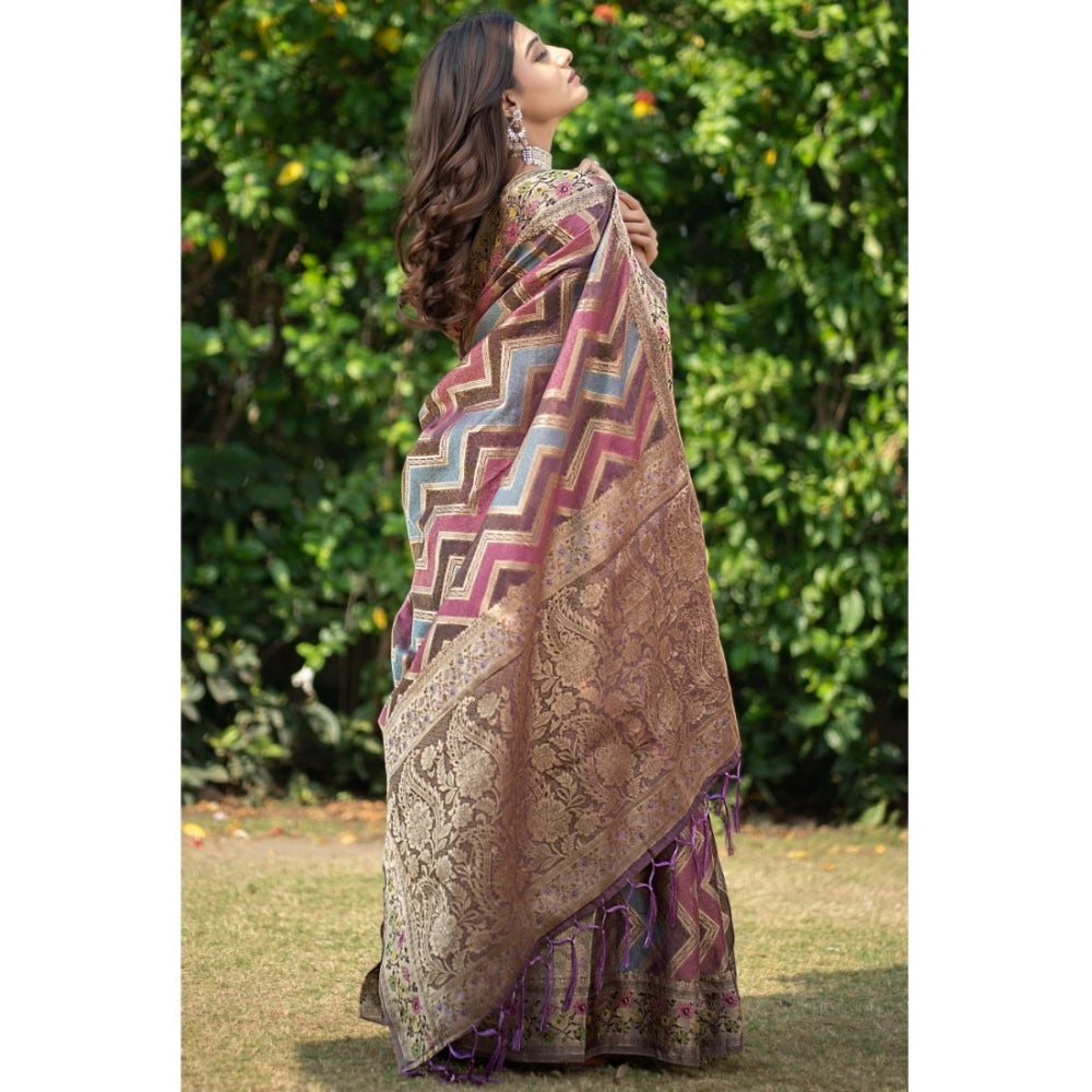 Amfyn Women's Organza Printed Saree With Unstitched Blouse (Wine, 5-6 Mtrs)