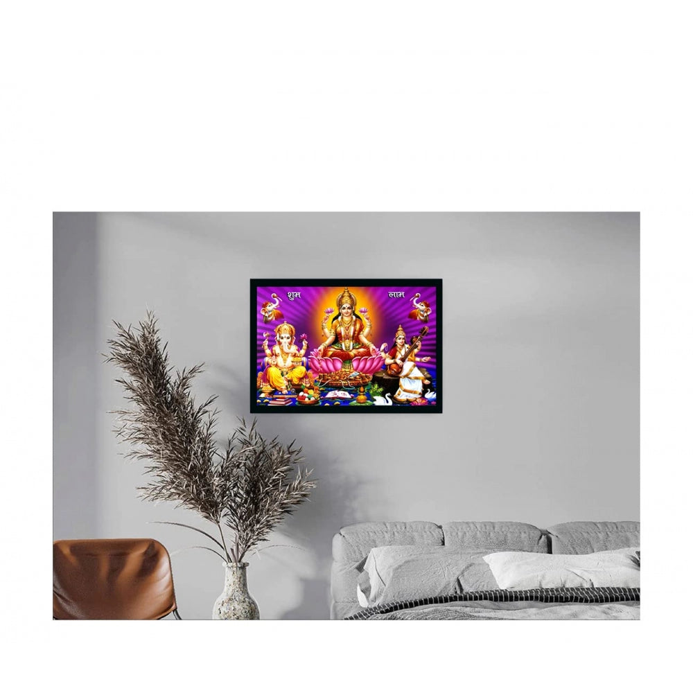 Amfyn Laxmi Ganesh Saraswati Painting with Synthetic Photo Frame (Multicolor)
