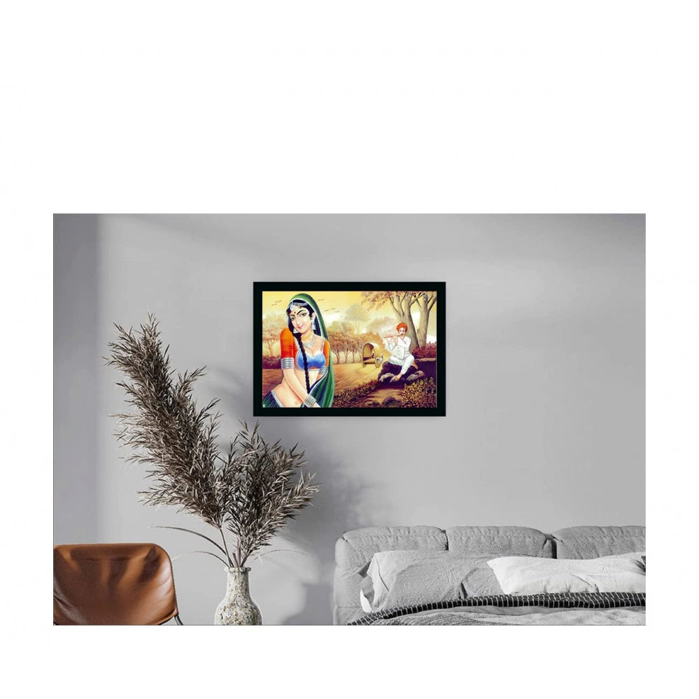 Amfyn Rajasthani Village Modern Art Painting with Synthetic Photo Frame (Multicolor)