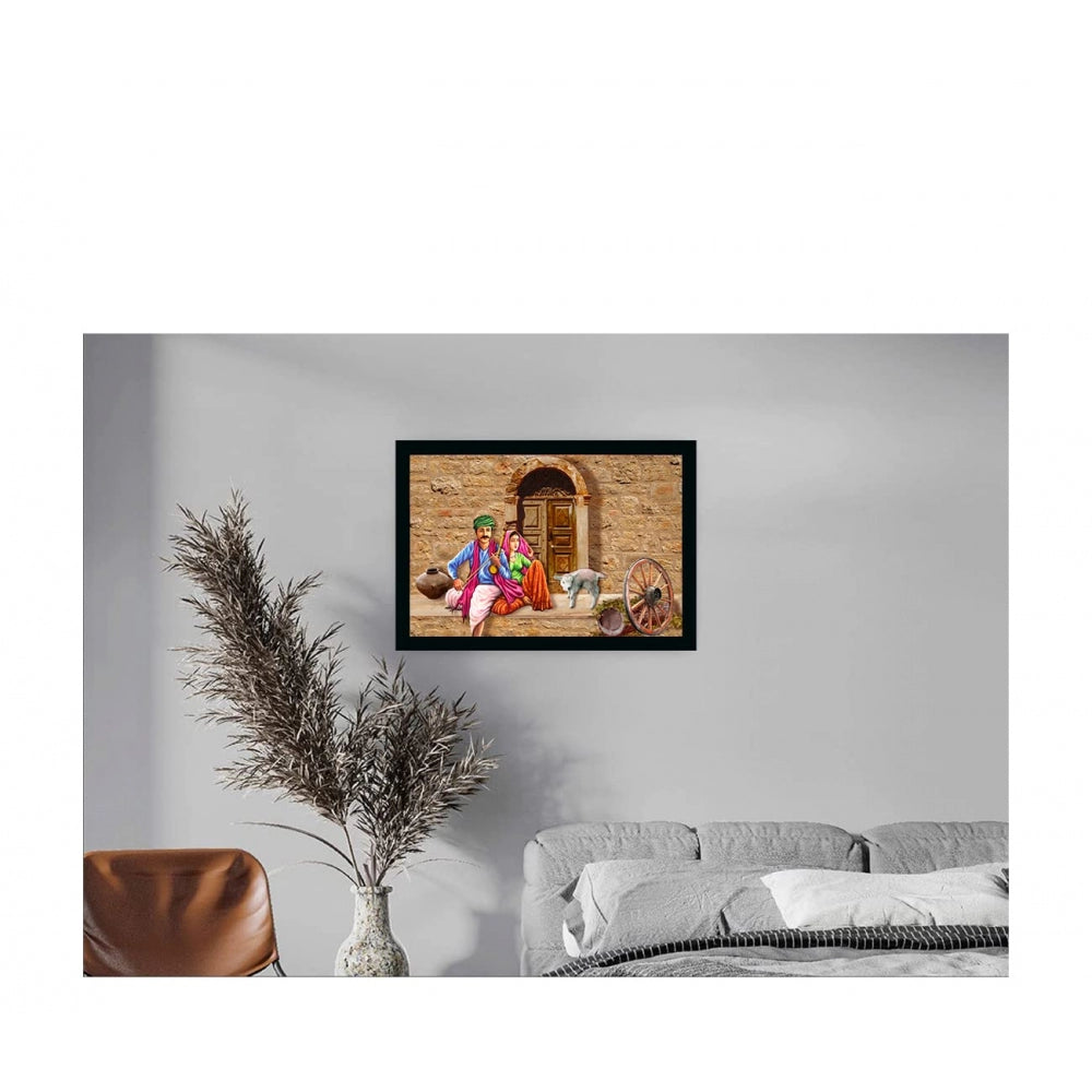 Amfyn Rajasthani Village Modern Art Painting with Synthetic Photo Frame (Multicolor)