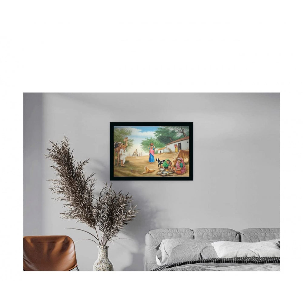 Amfyn Rajasthani Village Modern Art Painting with Synthetic Photo Frame (Multicolor)
