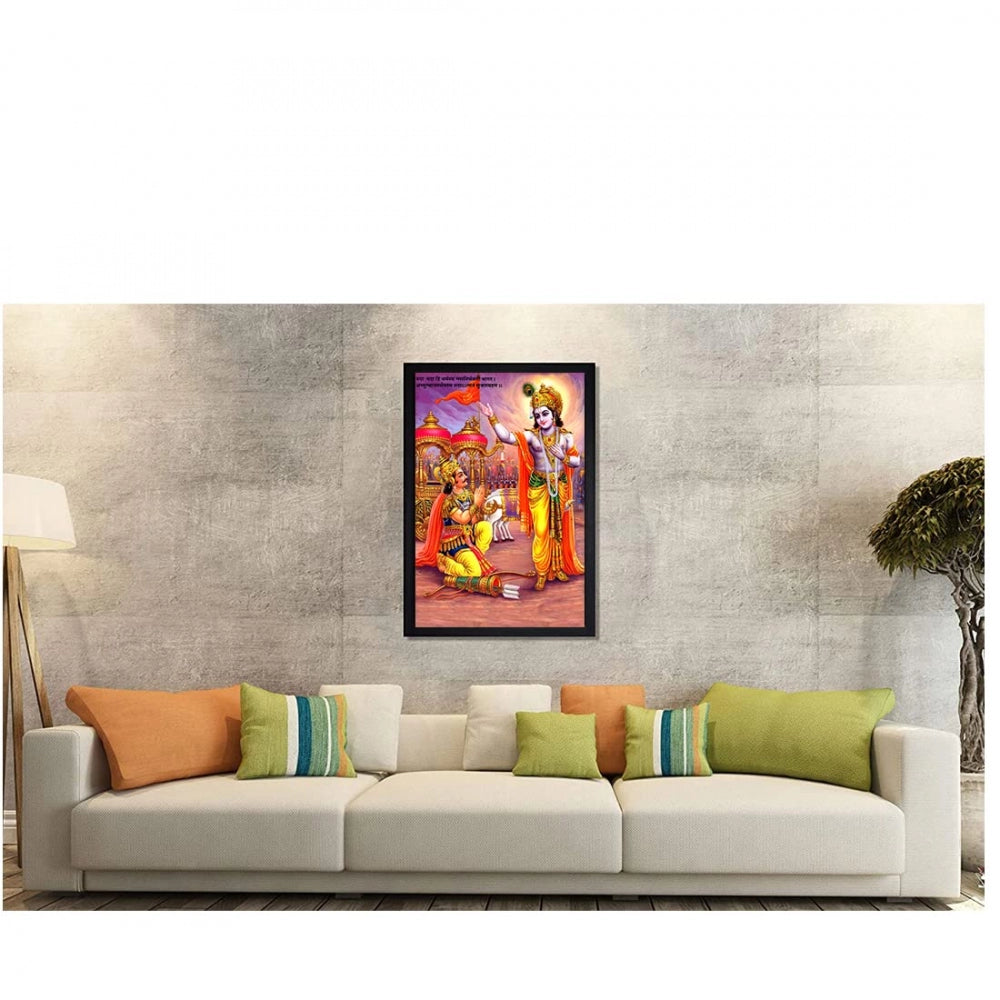 Amfyn Krishna Arjun Mahabharat Rath Painting with Synthetic Photo Frame (Multicolor)