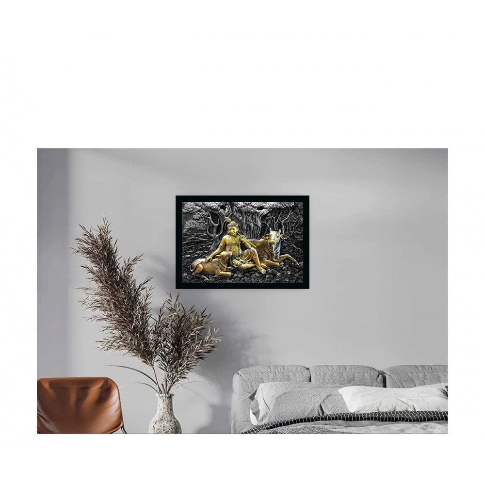 Amfyn Krishna with Cow Painting with Synthetic Photo Frame (Multicolor)
