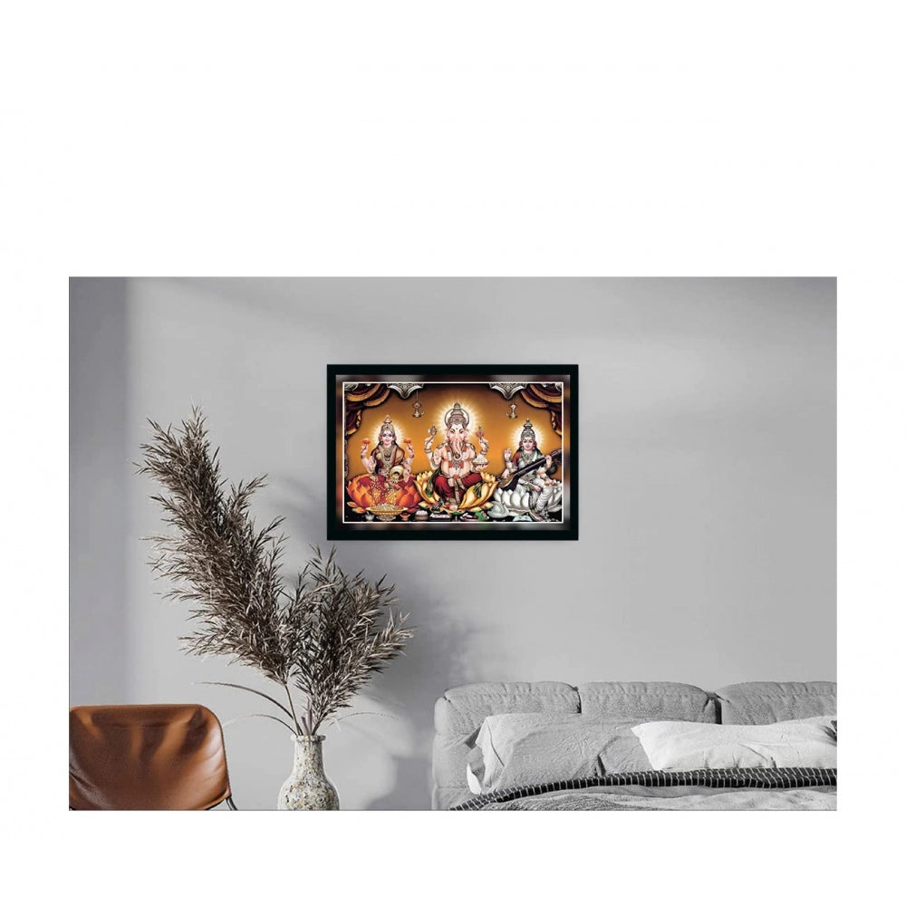 Amfyn Laxmi Ganesh Saraswati Painting with Synthetic Photo Frame (Multicolor)