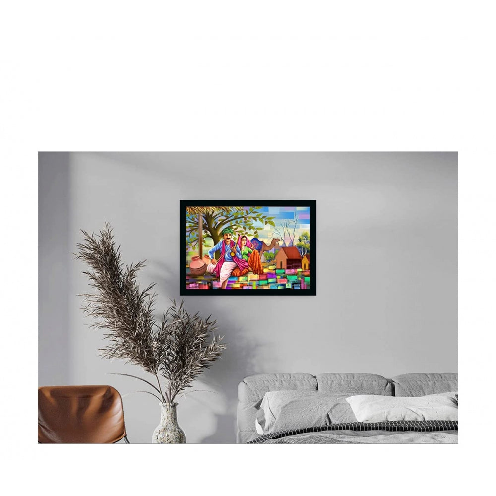 Amfyn Rajasthani Village Modern Art Painting with Synthetic Photo Frame (Multicolor)