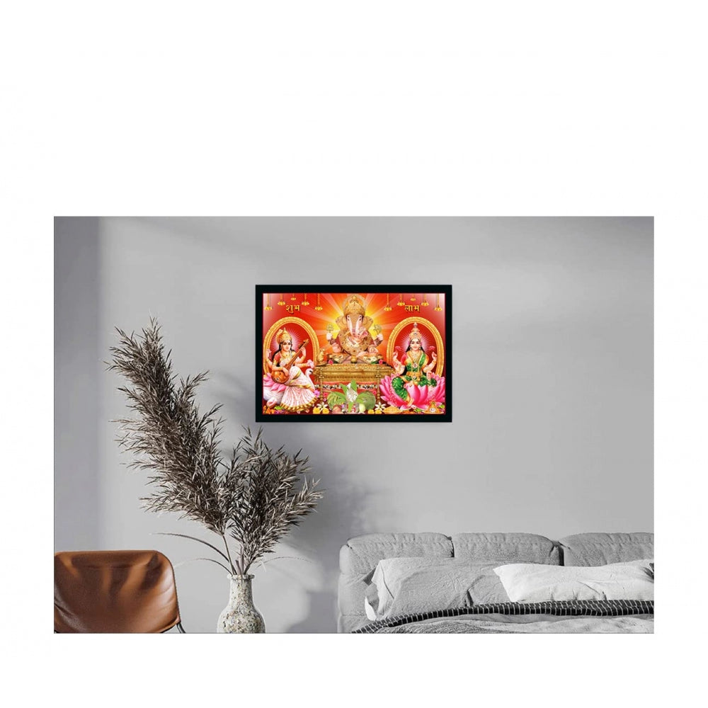 Amfyn Laxmi Ganesh Saraswati Painting with Synthetic Photo Frame (Multicolor)