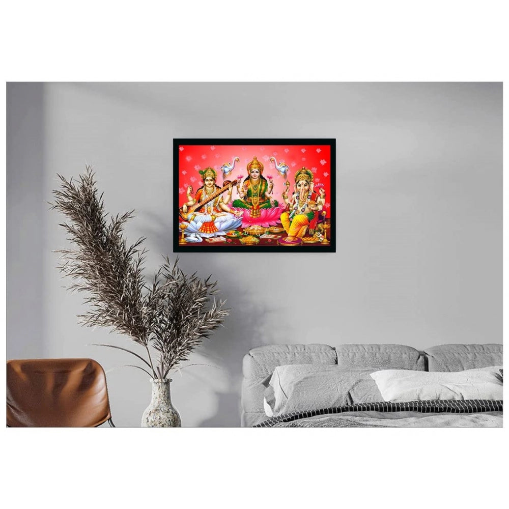 Amfyn Laxmi Ganesh Saraswati Painting with Synthetic Photo Frame (Multicolor)