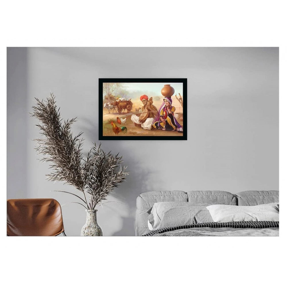 Amfyn Rajasthani Village Modern Art Painting with Synthetic Photo Frame (Multicolor)
