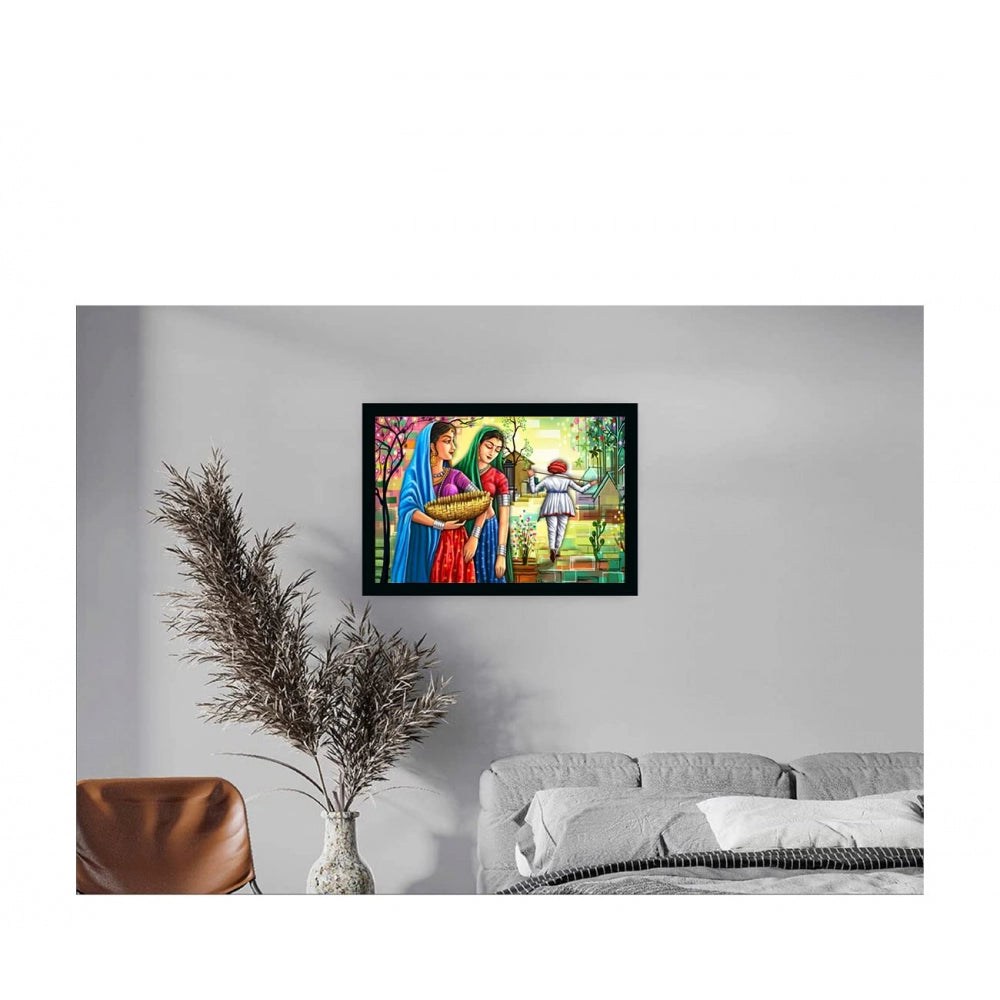 Amfyn Rajasthani Village Modern Art Painting with Synthetic Photo Frame (Multicolor)