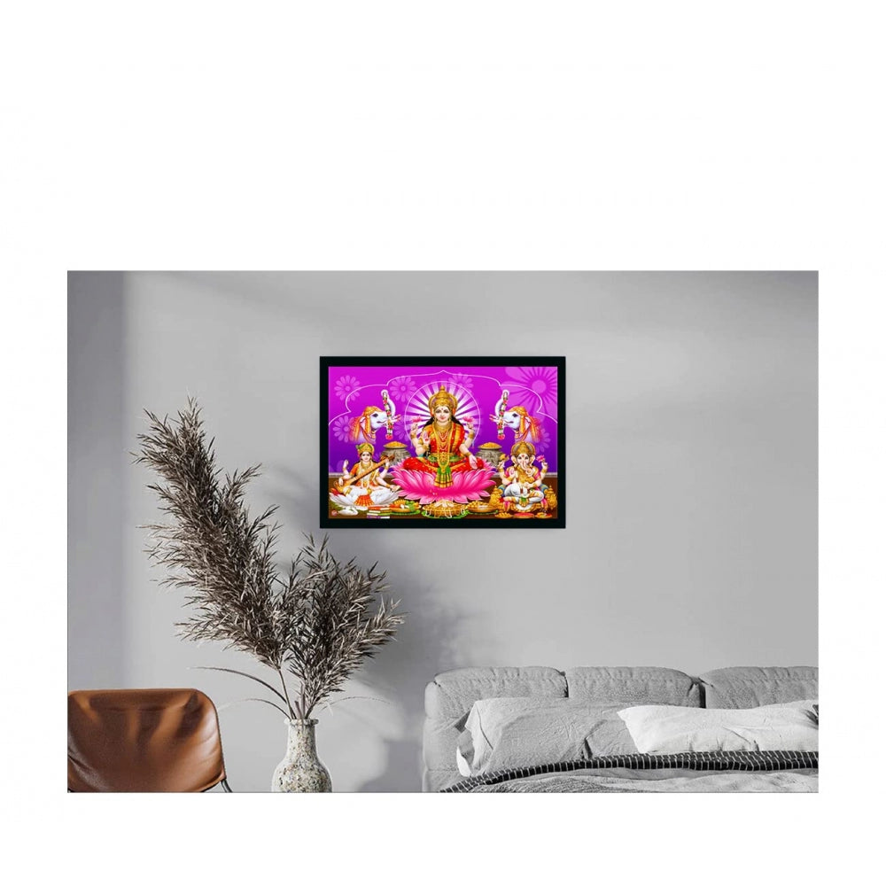 Amfyn Laxmi Ganesh Saraswati Painting with Synthetic Photo Frame (Multicolor)
