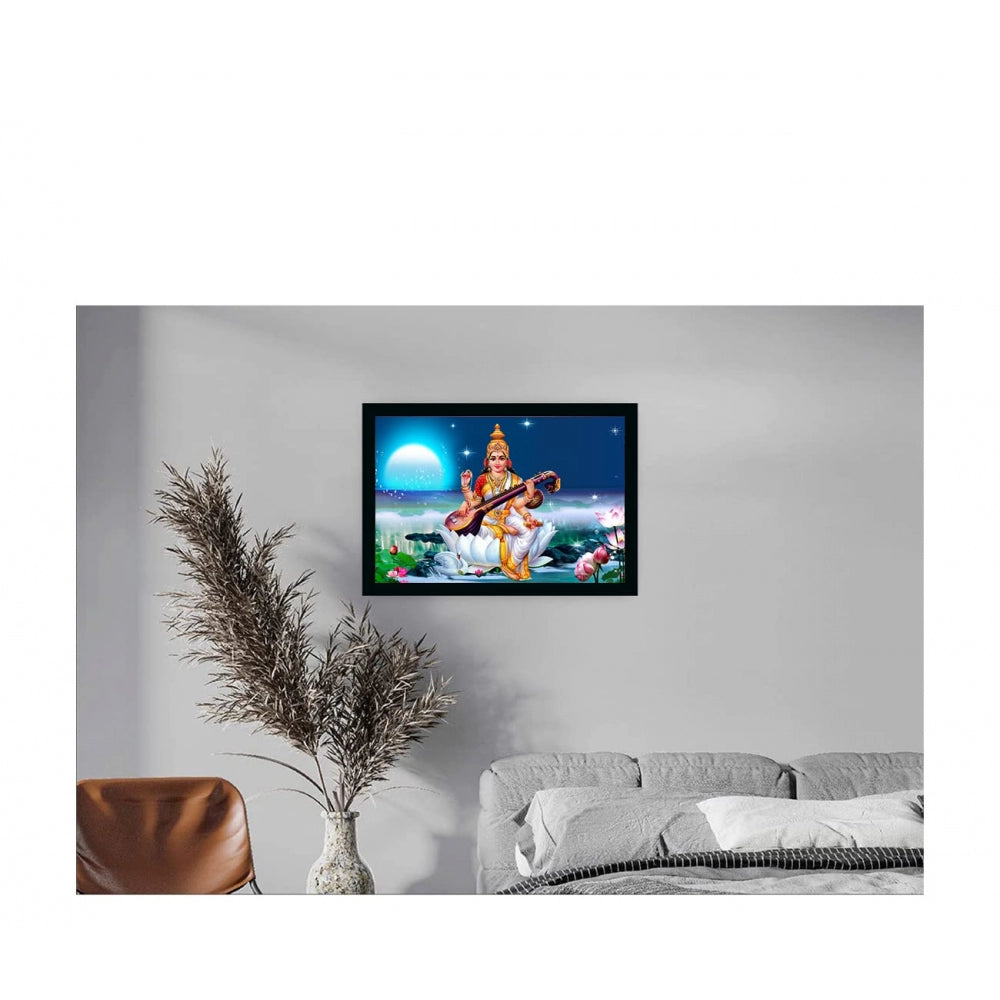 Amfyn Saraswati Maa Painting with Synthetic Photo Frame (Multicolor)