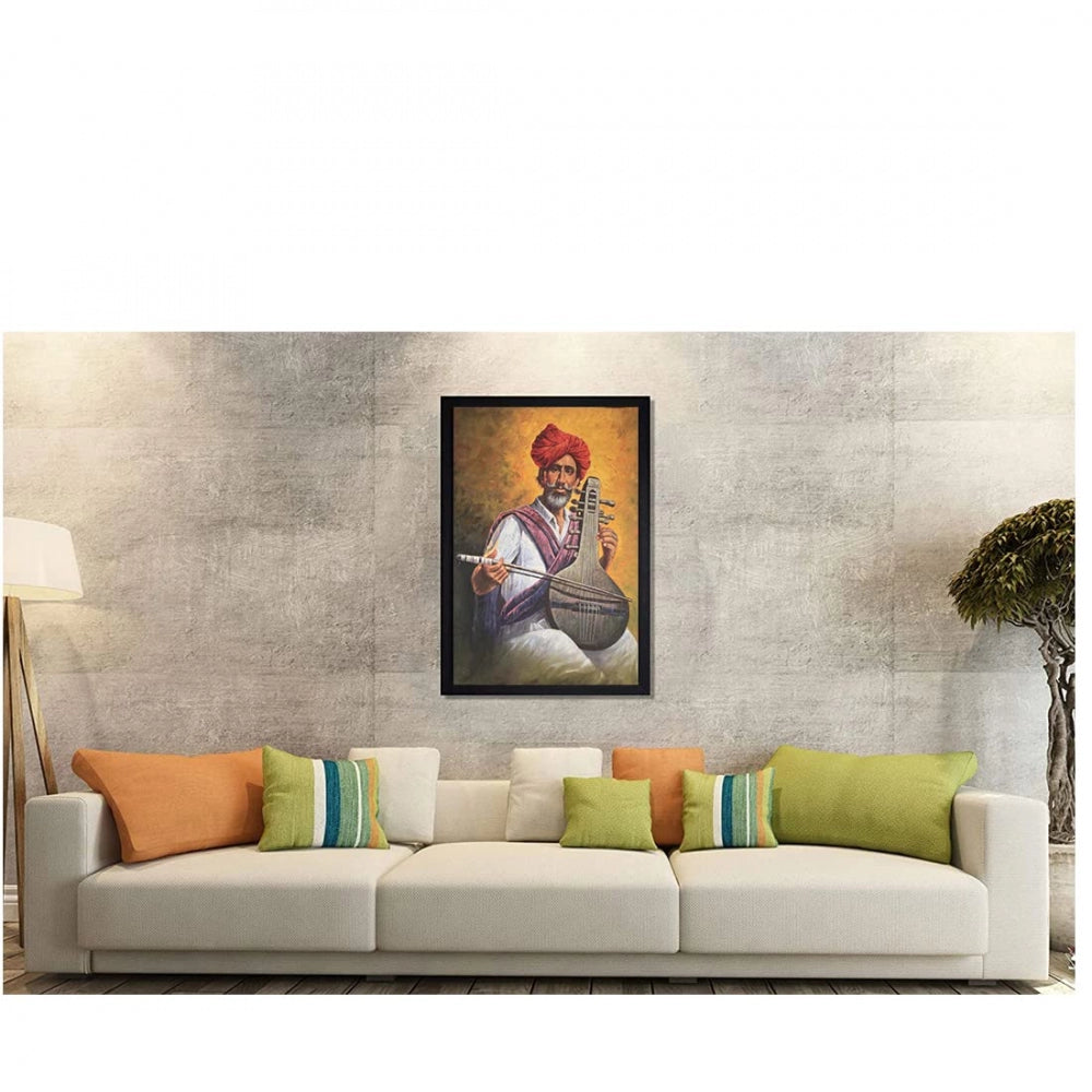 Amfyn Rajasthani Village Modern Art Painting with Synthetic Photo Frame (Multicolor)