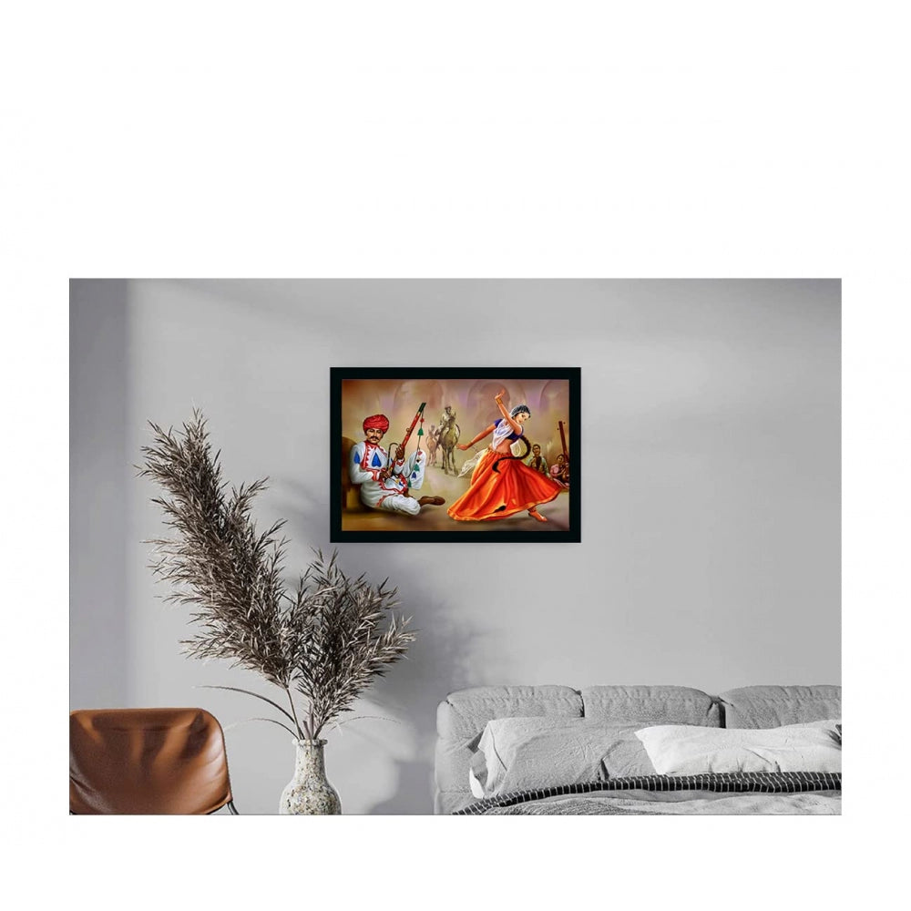 Amfyn Rajasthani Village Modern Art Painting with Synthetic Photo Frame (Multicolor)
