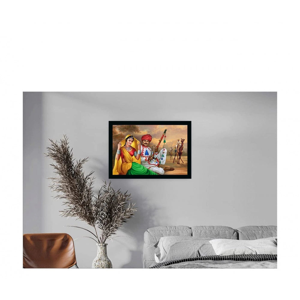 Amfyn Rajasthani Village Modern Ar Painting with Synthetic Photo Frame (Multicolor)