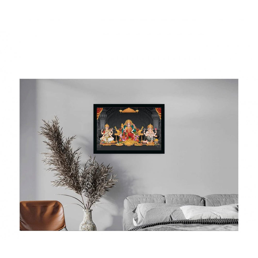Amfyn Maa Laxmi Goddess Ganesh & Maa Saraswati Painting with Synthetic Photo Frame (Multicolor)