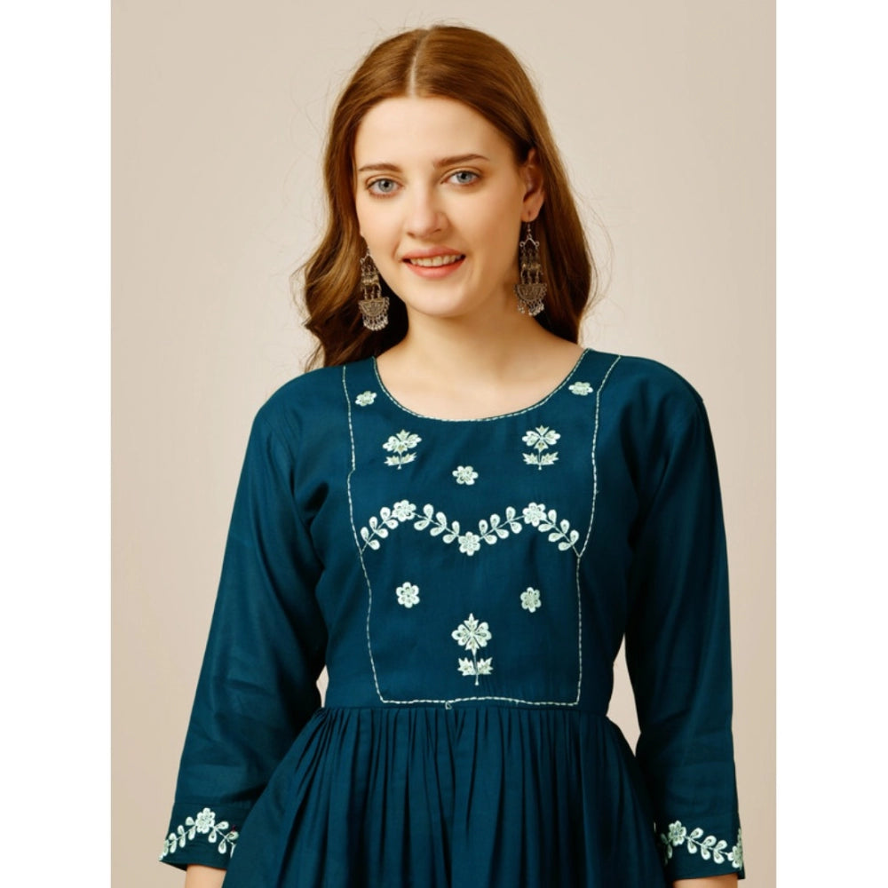 Amfyn Women's Casual 3-4 th Sleeve Embroidered Rayon Tunic Top (Blue)