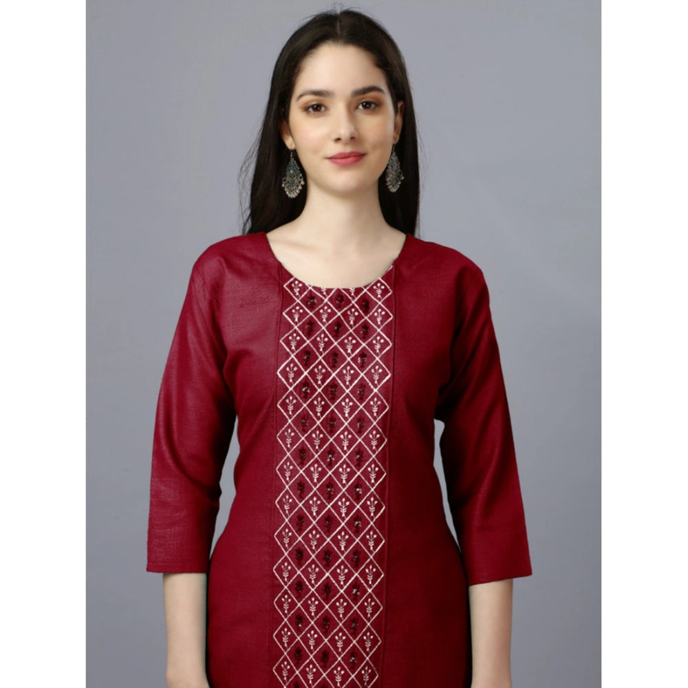 Amfyn Women's Casual 3-4 th Sleeve Embroidery Cotton Kurti (Maroon)