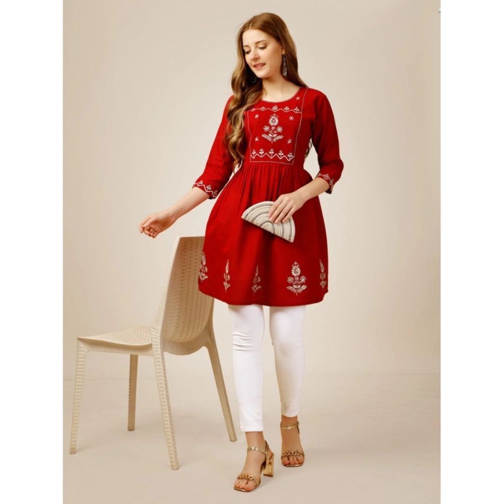 Amfyn Women's Casual 3-4 th Sleeve Embroidered Rayon Tunic Top (Red)