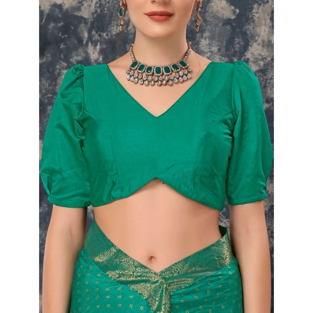 Amfyn Women's Vichitra Bandhani Saree With Unstitched Blouse (Rama Green, 5-6 Mtrs)