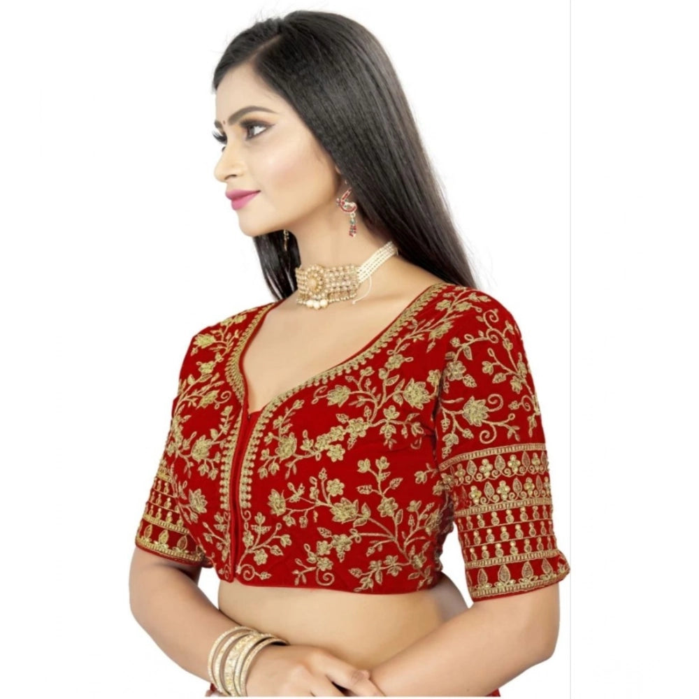 Amfyn Women's Velvet Embroidery Readymade Blouse (Red, Size: Free Size)