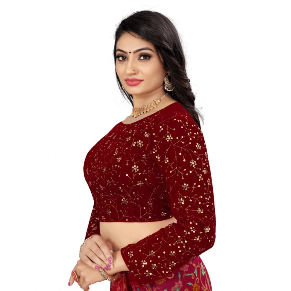 Amfyn Women's Velvet Embroidery Readymade Blouse (Maroon, Size: Free Size)