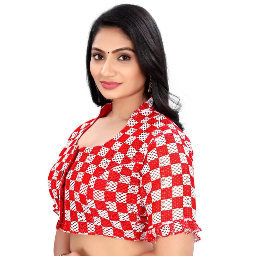 Amfyn Women's Cotton Blend Checks Readymade Blouse (Red, Size: Free Size)