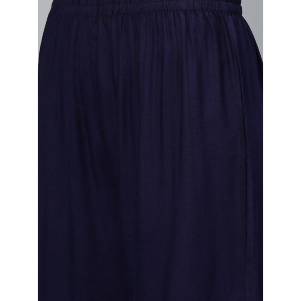 Amfyn Women's Casual 3-4Th Sleeve Ikkat Rayon Kurti and Palazzo Set (Navy Blue)