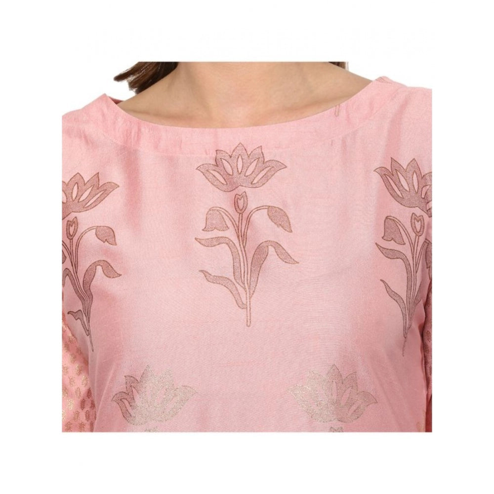 Amfyn Women's Casual 3-4Th Sleeve Floral Printed Poly Silk Kurti and Pant Set (Pink)