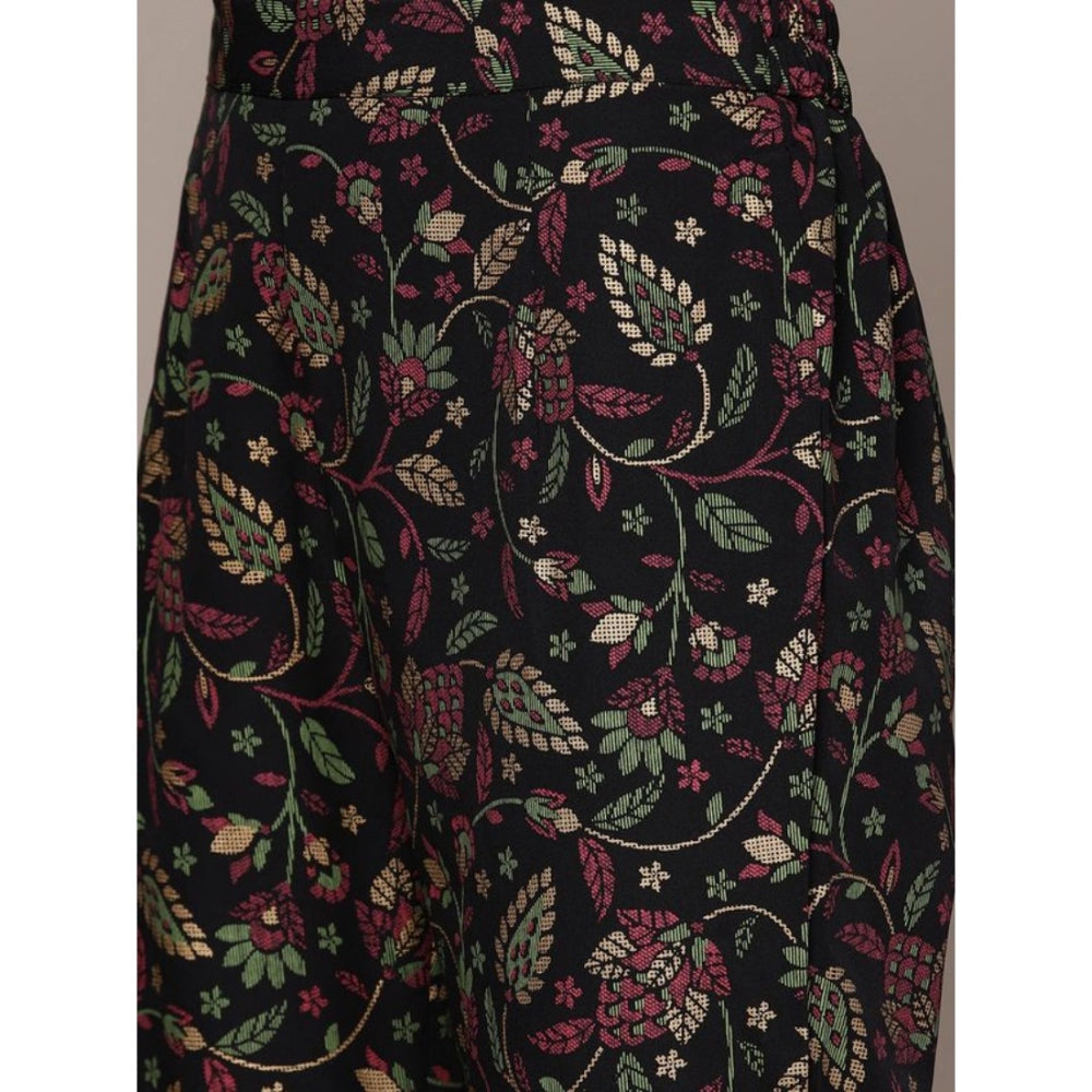Amfyn Women's Casual 3-4Th Sleeve Ethnic Motifs Crepe Kurti And Pant Set (Black)