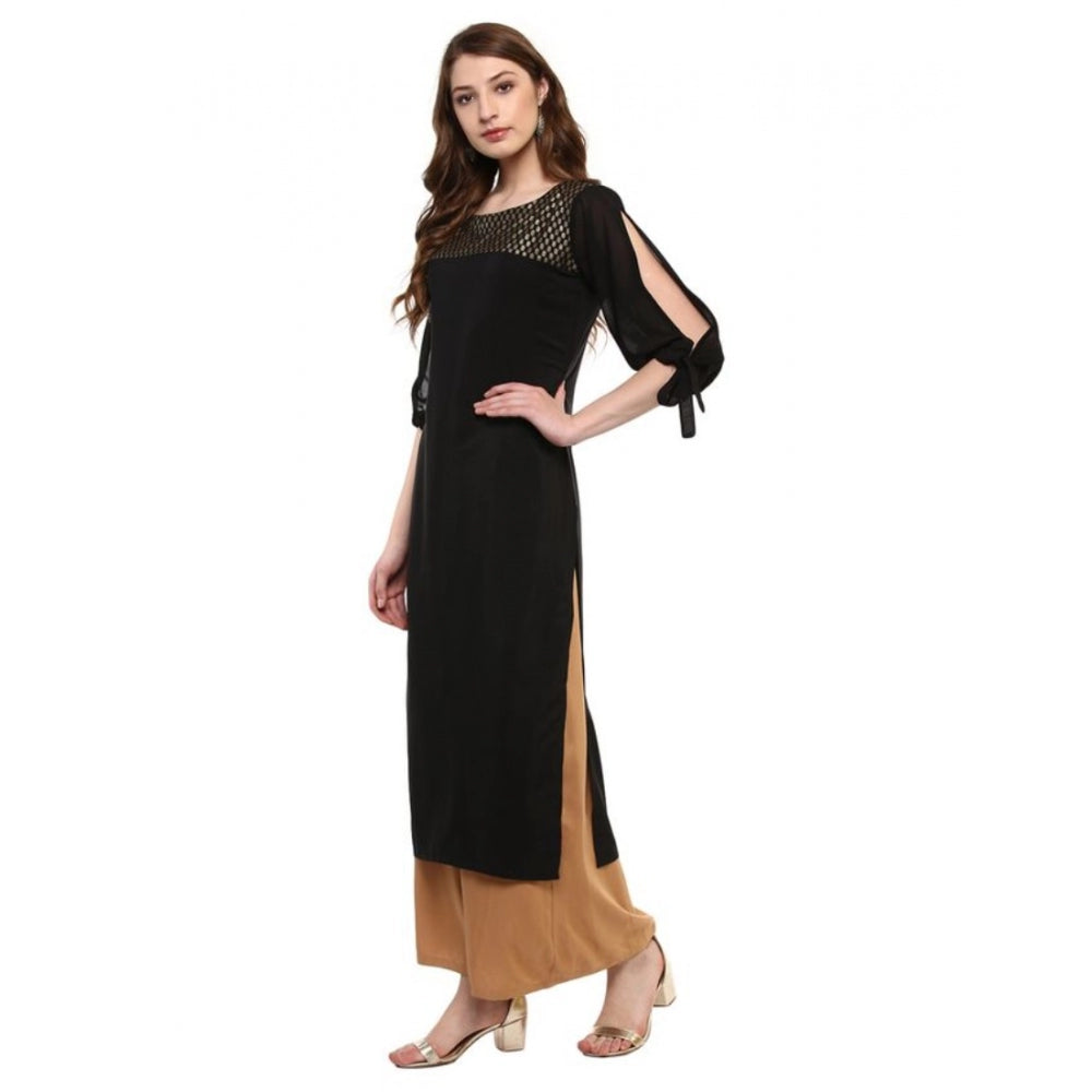 Amfyn Women's Casual 3-4Th Sleeve Solid Crepe Kurti (Black)