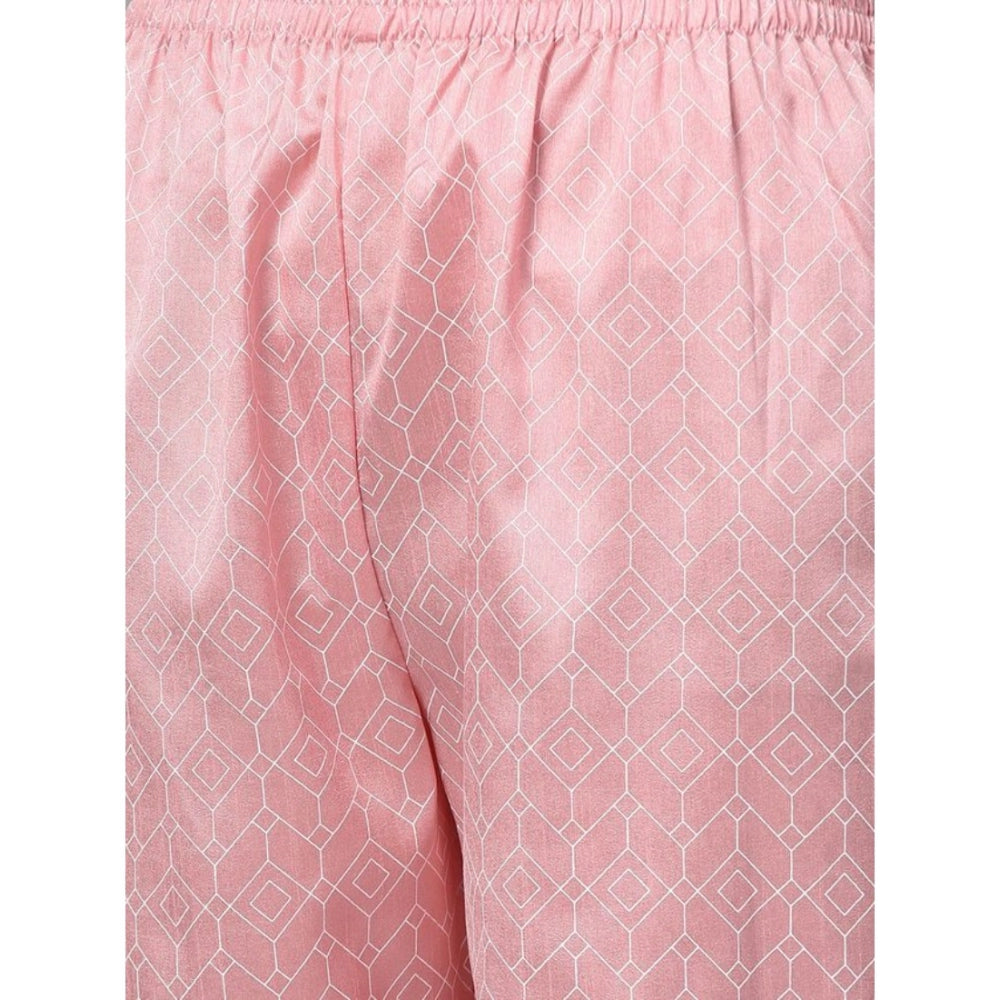 Amfyn Women's Casual 3-4Th Sleeve Floral Printed Poly Silk Kurti And Palazzo Set (Pink)