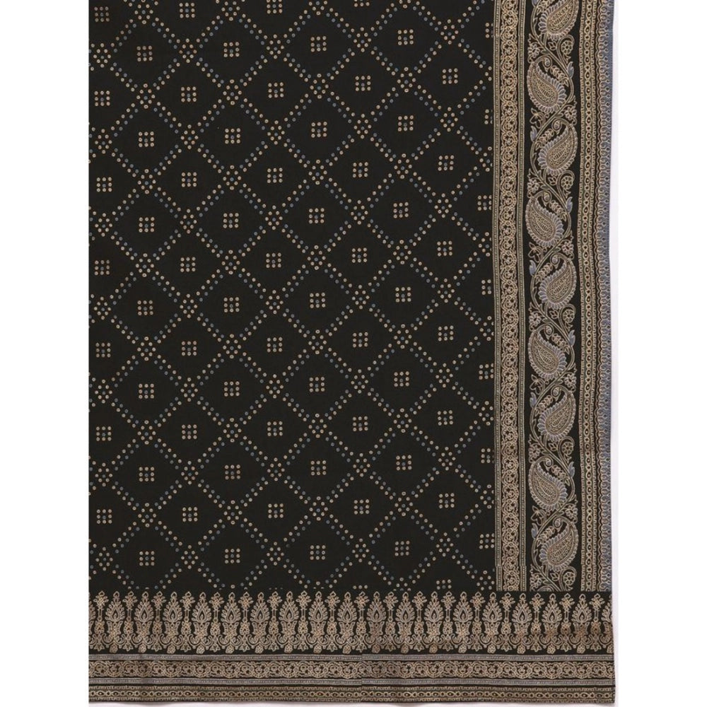 Amfyn Women's Casual 3-4Th Sleeve Ethnic Motifs Crepe Kurti Pant And Dupatta Set (Black)