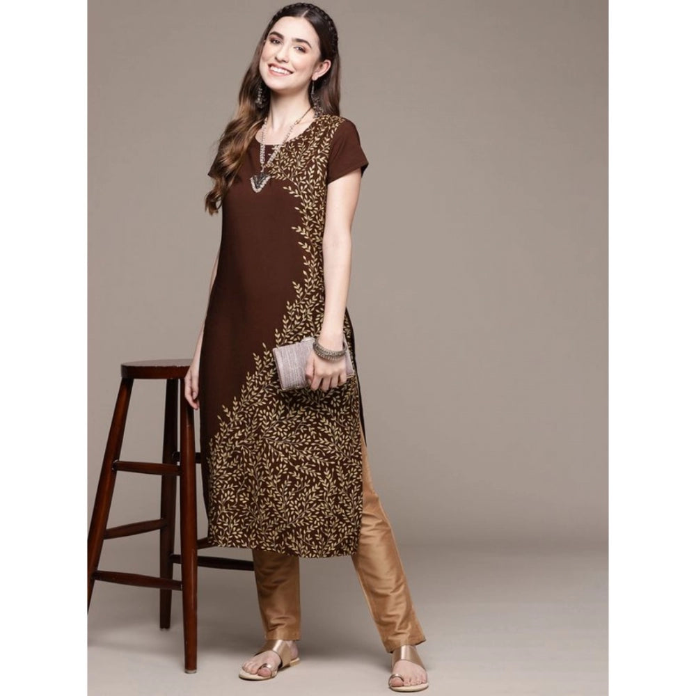 Amfyn Women's Casual Short Sleeves Floral Printed Crepe Kurti (Brown)