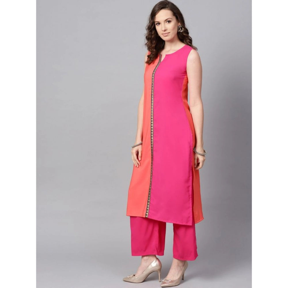Amfyn Women's Casual Sleeveless Floral Printed Crepe Kurti and Palazzo Set (Pink)