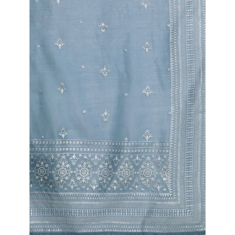 Amfyn Women's Casual 3-4Th Sleeve Mughal Stripe Design Chinon Kurti Pant And Dupatta Set (Teal Blue)