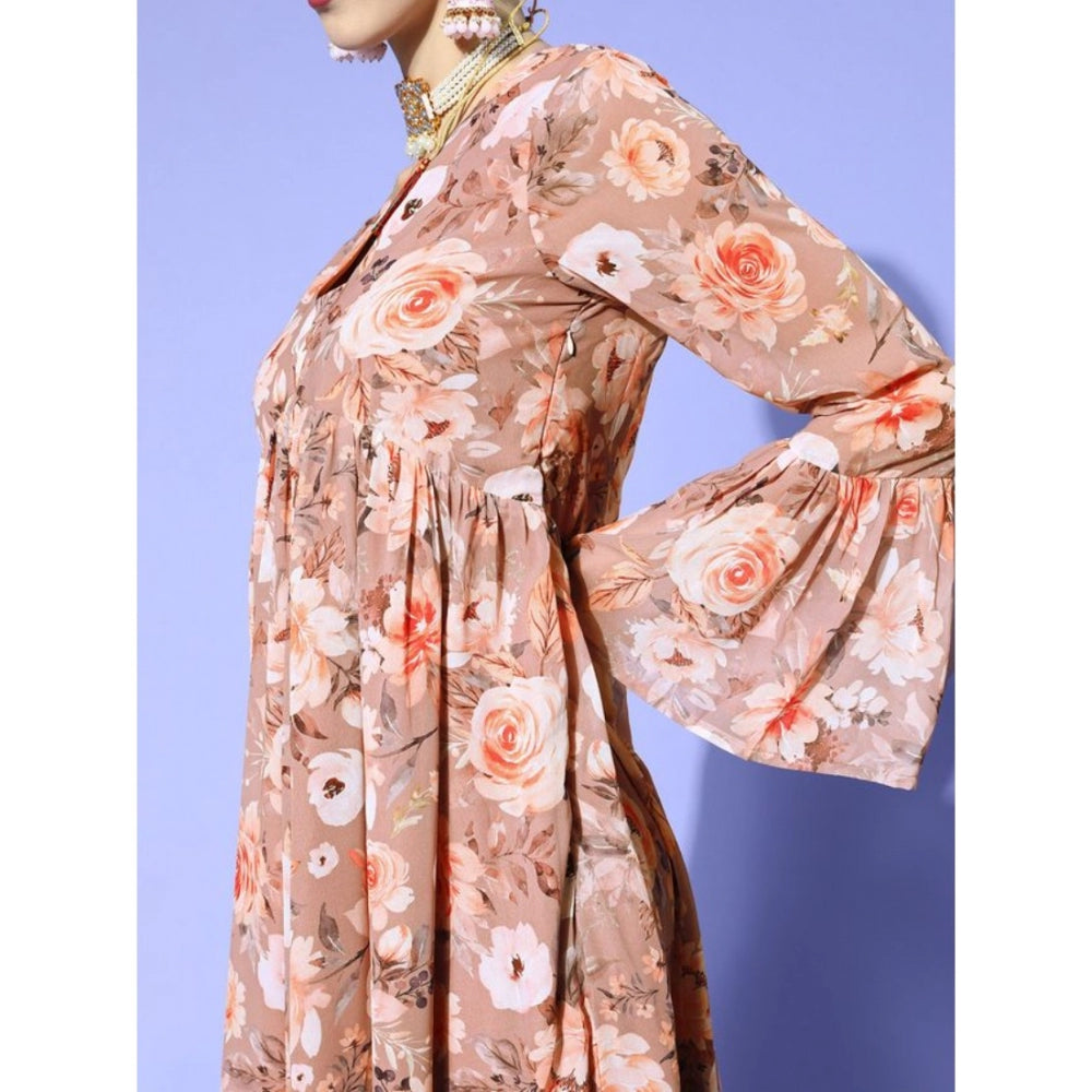 Amfyn Women's Casual Full Sleeve Floral Printed Georgette Dresses (Brown)