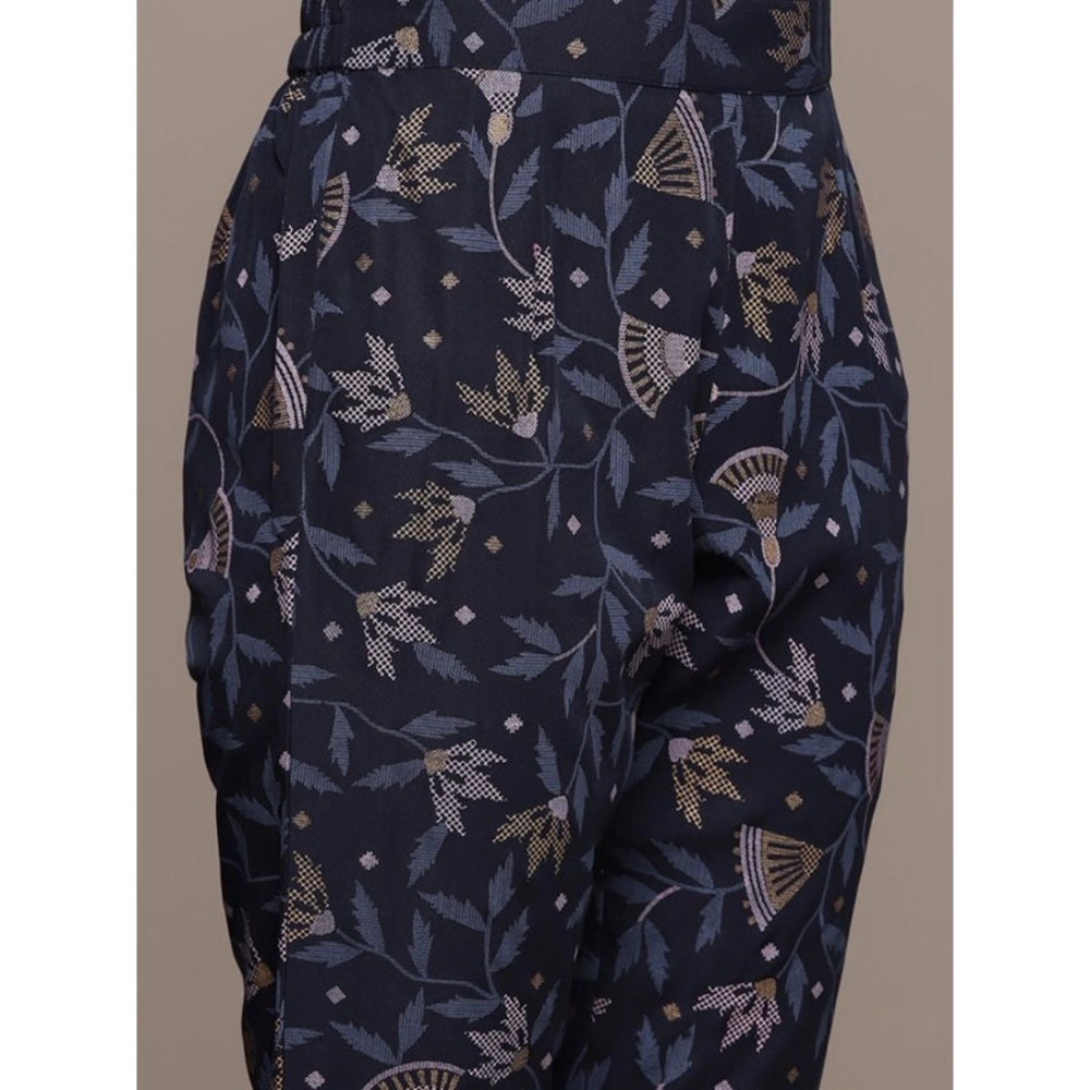 Amfyn Women's Casual 3-4Th Sleeve Floral Printed Crepe Kurti and Pant Set (Navy Blue)