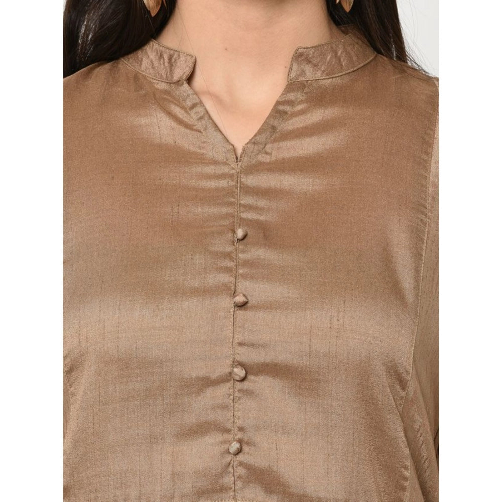 Amfyn Women's Casual 3-4Th Sleeve Solid Poly Silk Kurti and Pant Set (Brown)