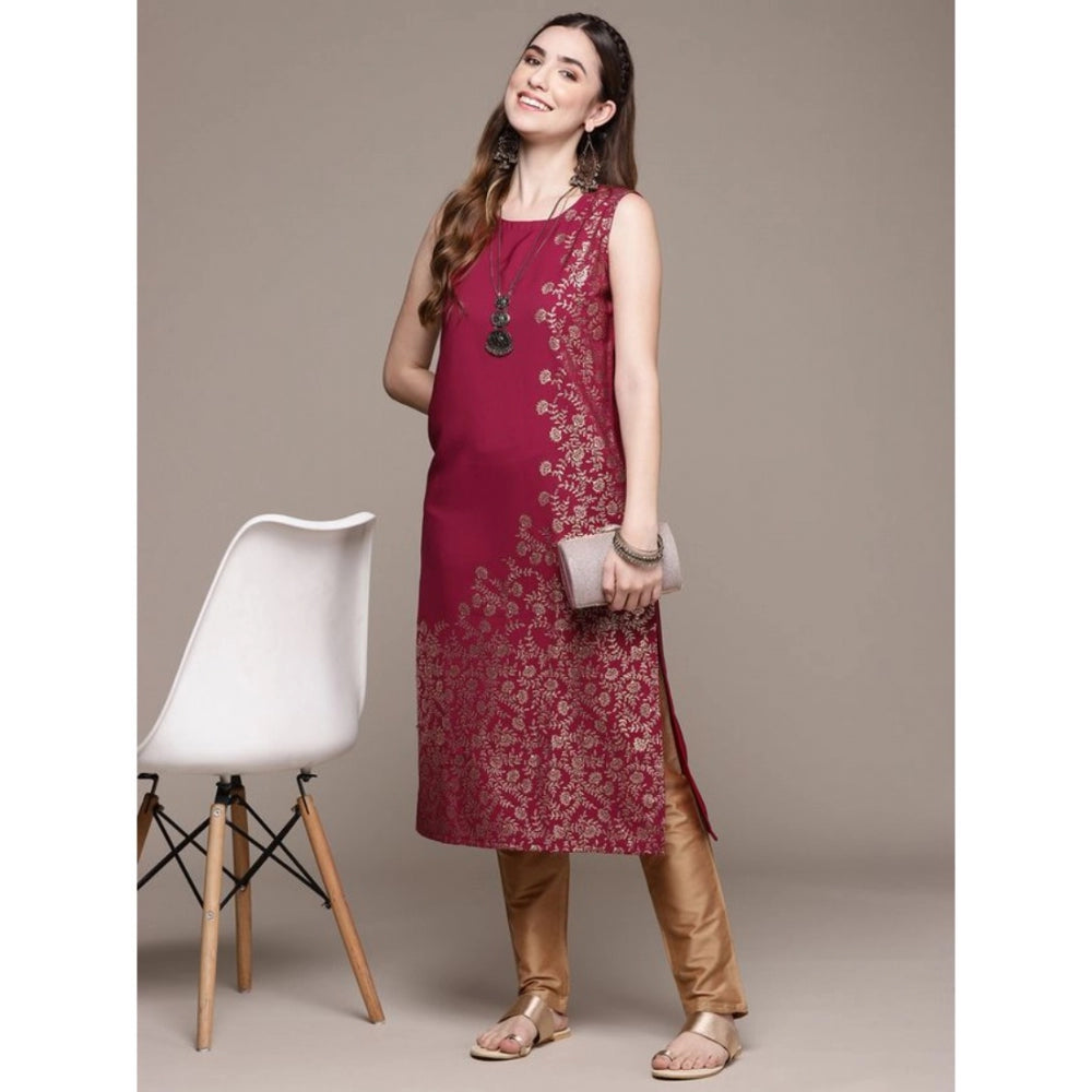 Amfyn Women's Casual Sleeveless Floral Printed Crepe Kurti (Pink)