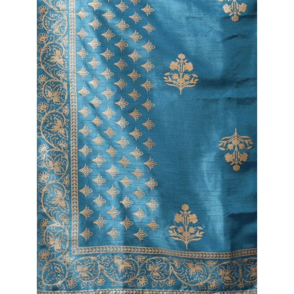 Amfyn Women's Casual 3-4Th Sleeve Ethnic Motifs Poly Silk Kurti Pant And Dupatta Set (Blue)