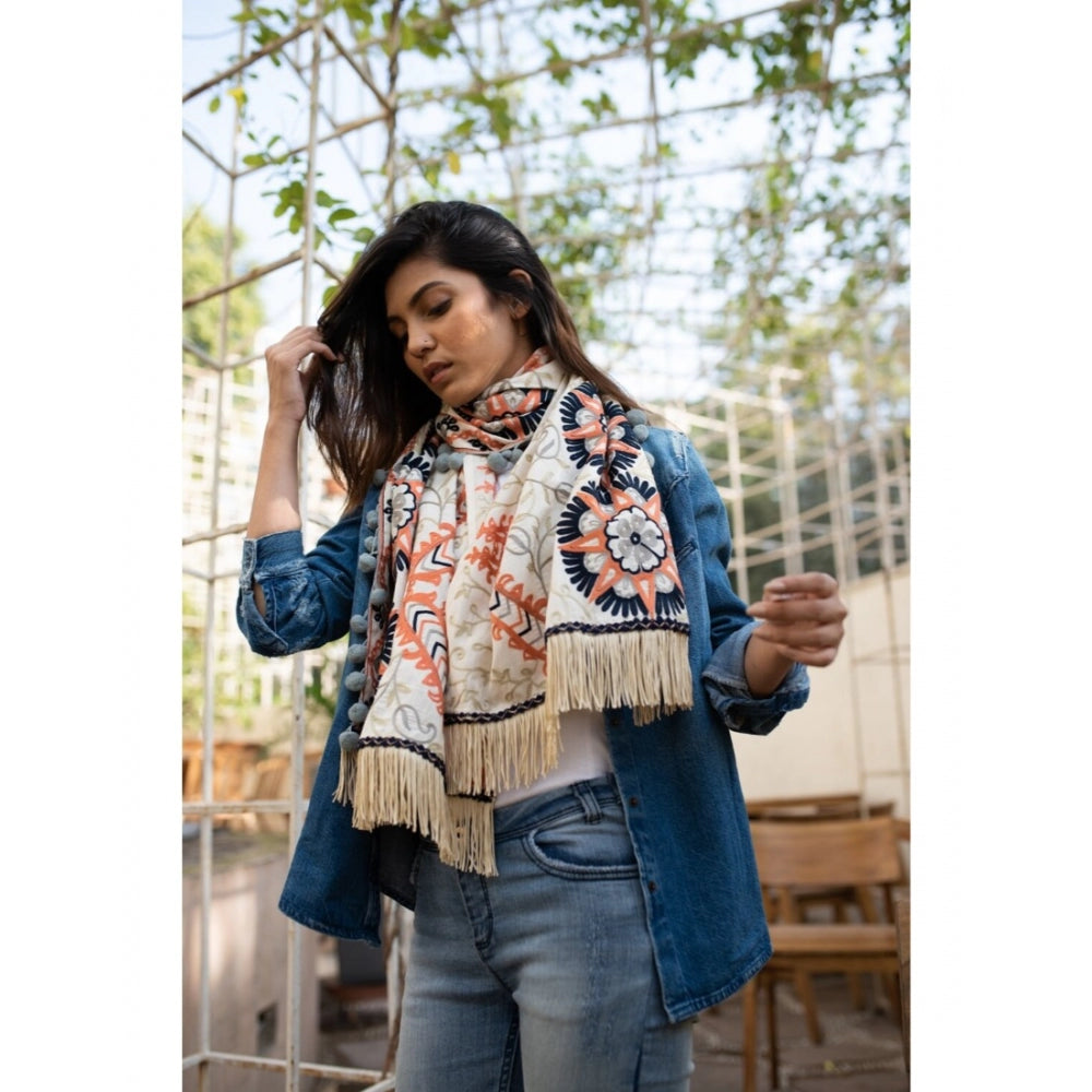 Amfyn Women's Cotton Embroidered Muffler (Off White, Length: 0.5 to 1 Mtr)